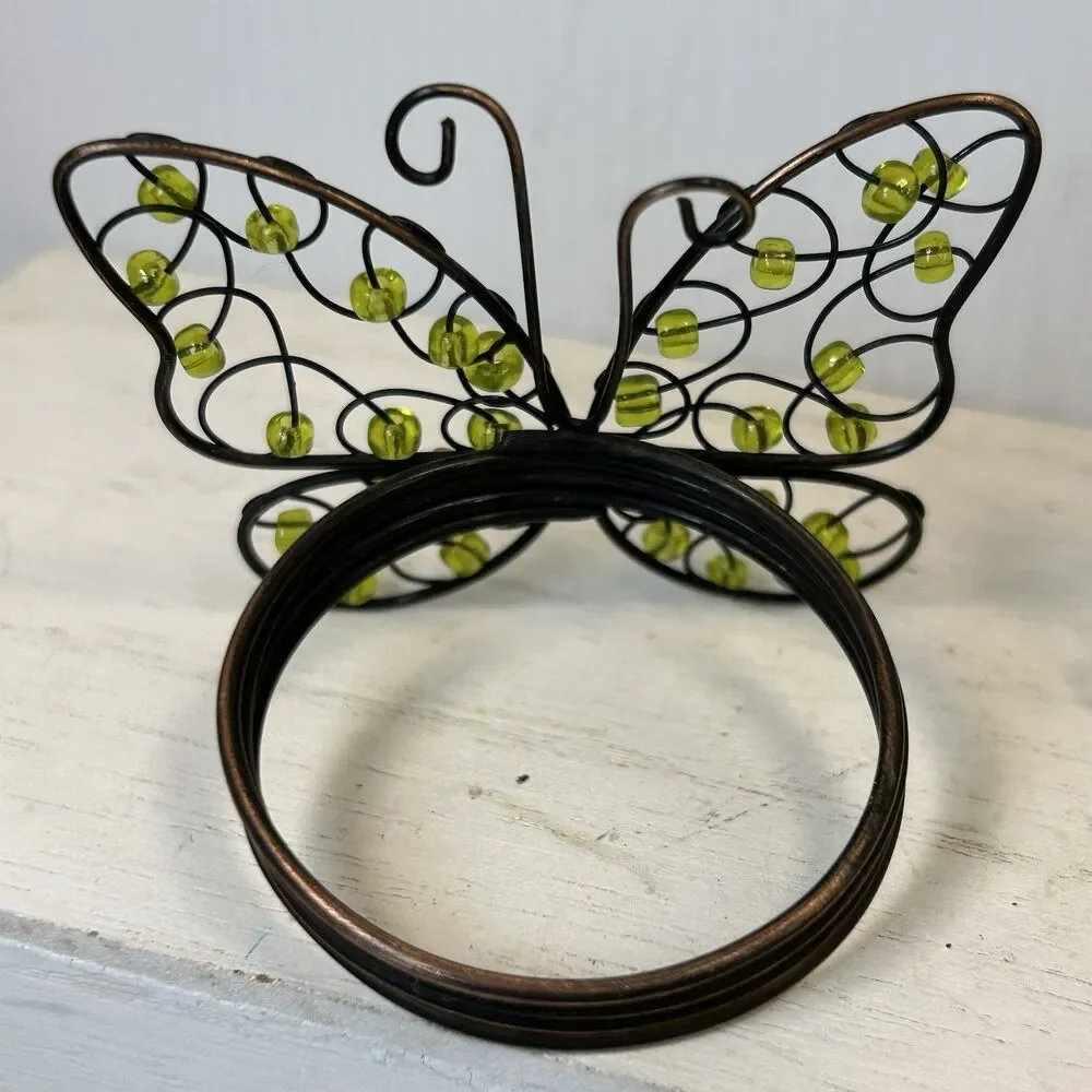 Set of 4 Butterfly Napkin Rings Green Beads Brown Wire Spring Table Decor